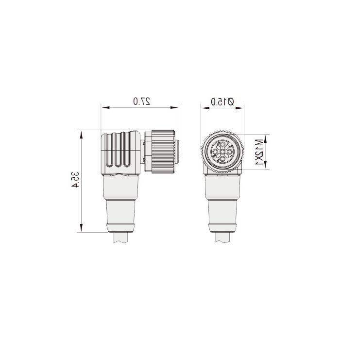 M12 4Pin、母头90°、耐高温120℃、单端预铸PUR柔性电缆、黑色护套、64H061-XXX